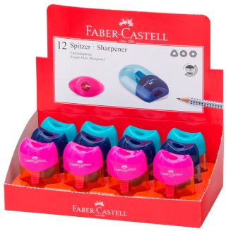 Точилка Faber-Castell пластиковая с 1м отверстием, контейнером, разных цветов
