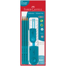 Набор карандашей ч/г Faber-Castell \"Grip 2001\", 3шт.+линейка+точилка+ластик, В, заточен., бирюзовый,