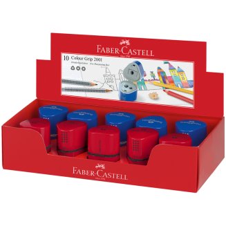 Точилка Faber-Castell \"Trio Grip 2001\" пластиковая с 3мя отверстиями, 2мя контейнерами, красно-синяя