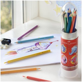 Карандаши цветные Faber-Castell \"Grip\", 12цв., трехгран., заточен., метал. кор. в форме ракеты