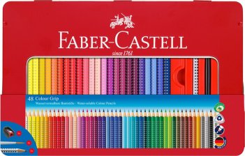 Карандаши цветные Faber-Castell \"Grip\", 48цв.+3, трехгран., заточен., метал. уп., с кистью, точилкой