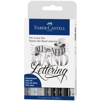 Капилярные ручки Faber-Castell \"Pitt Artist Pen Lettering\" в наборе 7 оттенков серого, точилка