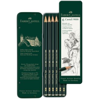 Набор карандашей ч/г Faber-Castell \"Castell 9000\", 06шт., HB-8B, заточен., метал. кор.
