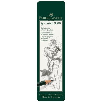 Набор карандашей ч/г Faber-Castell \"Castell 9000\", 06шт., HB-8B, заточен., метал. кор.